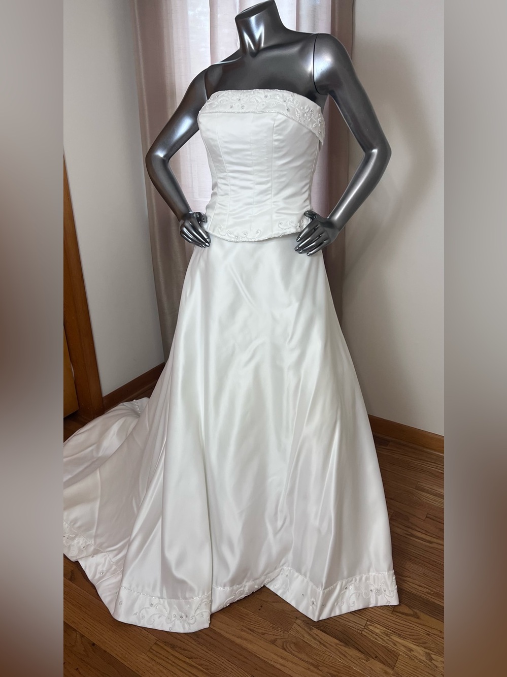 2pc corset A-Line Wedding Dress with Beaded Bodice and chapel length train.